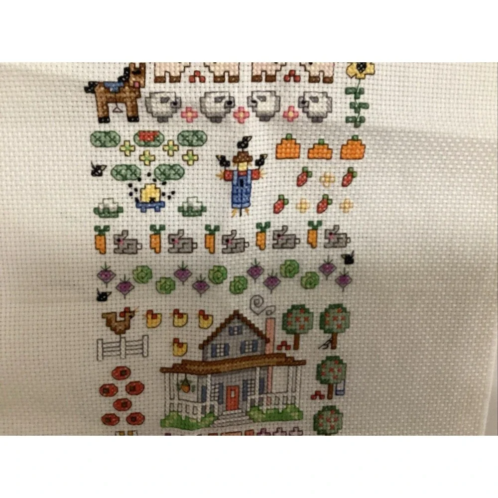 country living cross stitch homestead and barn animals scarecrow 17.5”x11-3/4”